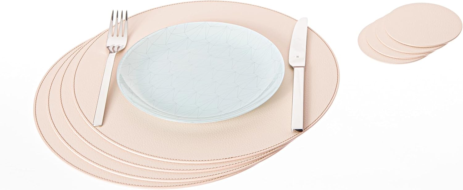 Nikalaz Set of Small Round Brown Placemats and Coasters, 4 Table Mats and 4 Coasters, Place mats 12.99 inches, Recycled Leather (Brown)