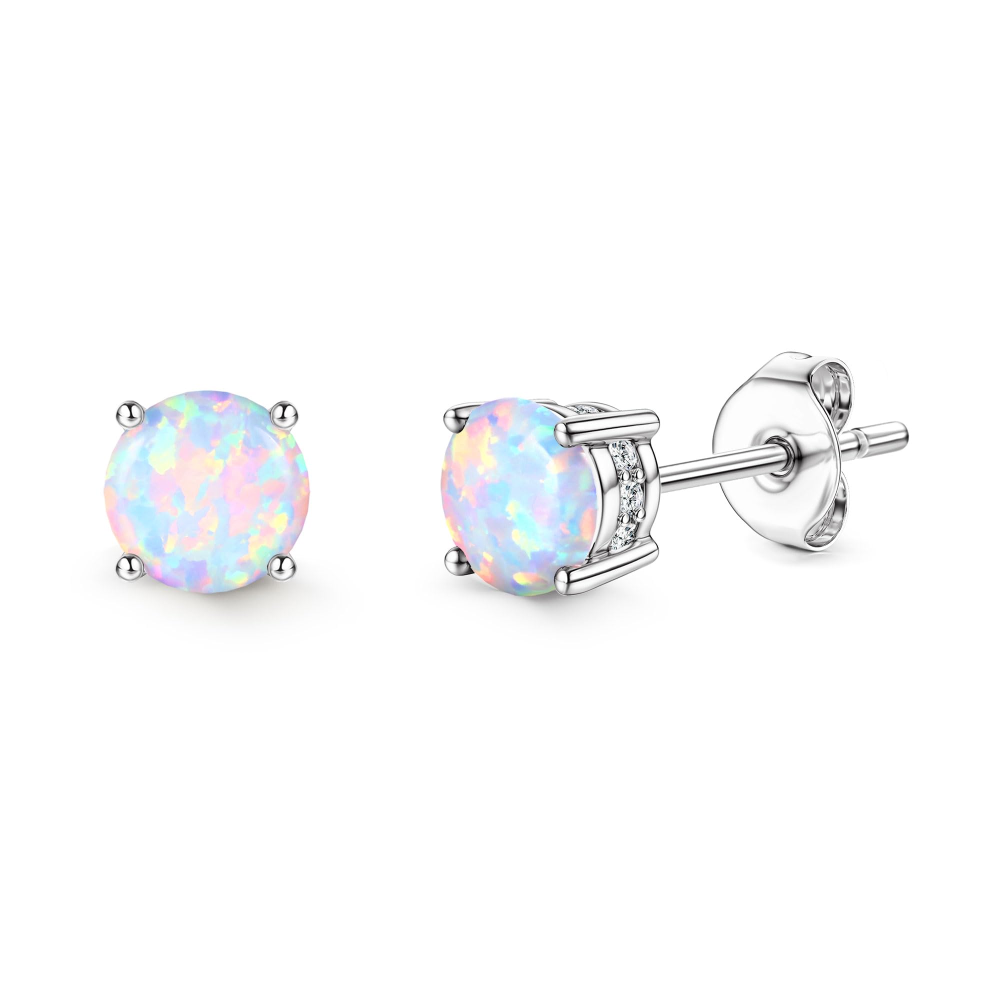 Opal Stud Earrings 18K White Gold Plated Stainless Steel Post Round Cut Created White Opal Stud Earrings for Women 6MM