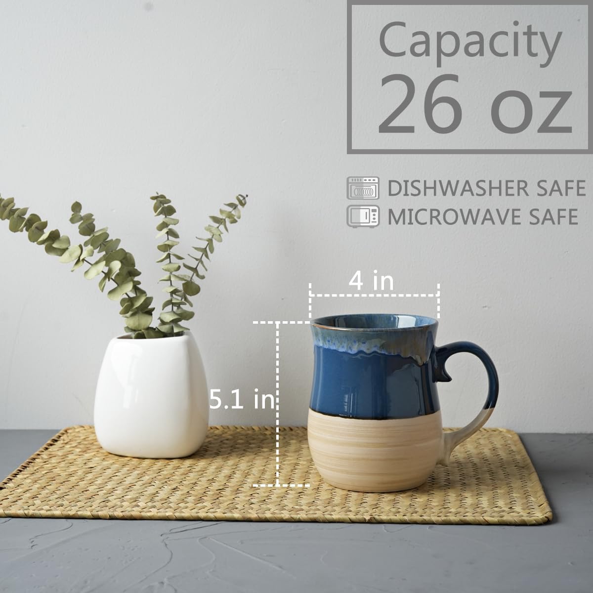 Bosmarlin Extra Large Ceramic Coffee Mug, 26 Oz, Dishwasher and Microwave Safe, Big Oversized Tea Cup, Reactive Glaze (Deep blue) image 2