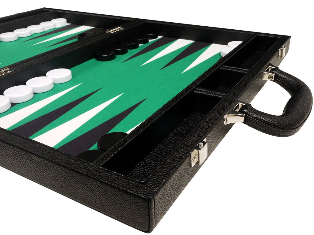 Silverman & Co. 40 cm Backgammon Reise Koffer für Erwachsene – schwarzes Kunstleder – faltbares Backgammon-Set mit grünem Spielfeld sowie schwarzen und weißen Spielpunkten – leicht & tragbar
