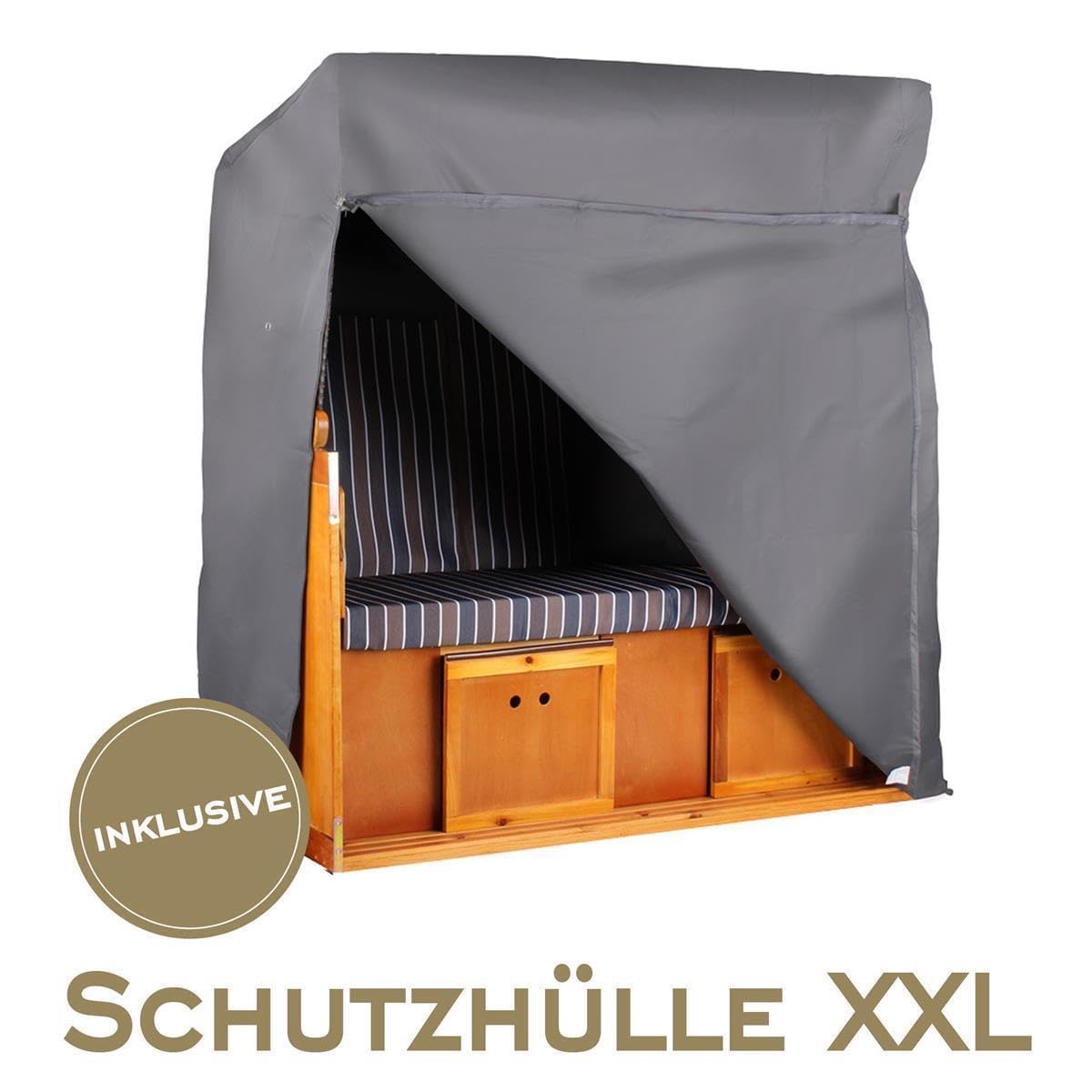 MR. DEKO Großer Strandkorb XXL 3-Sitzer Ostsee Volllieger | Jumbo Gartenstrandkorb PE-Schwarz | Komplettset inkl. Abdeckhaube Rollen-Set | Wacholder-Holz 160x80x160cm