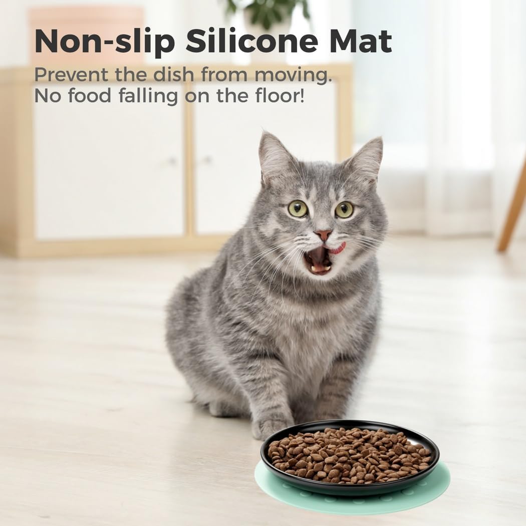 Cat Food Dish, Wide & Shallow, to Lessen Whisker Fatigue, with 3 Non-Slip Mats, 3 Packs Ceramic Cat Bowls, Stress Free Whisker Feeding Plates, Safe for Kittens, Puppies, Cats, Dishwasher