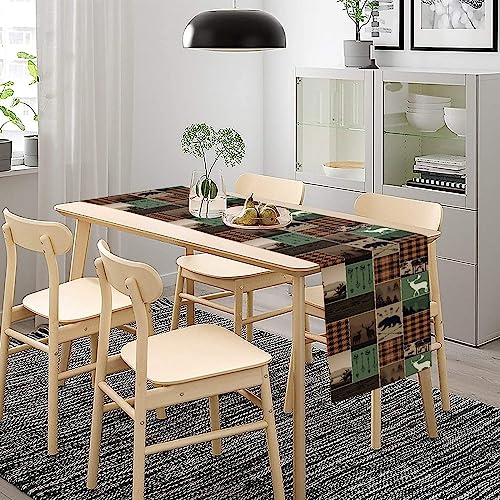 Image of Rustic Country Cabin Hunting Moose Table Runner,Retro Green Patchwork Bear Deer Hunting Wild Animal Plaid Checkered for Kitchen Dining Room 13x120in