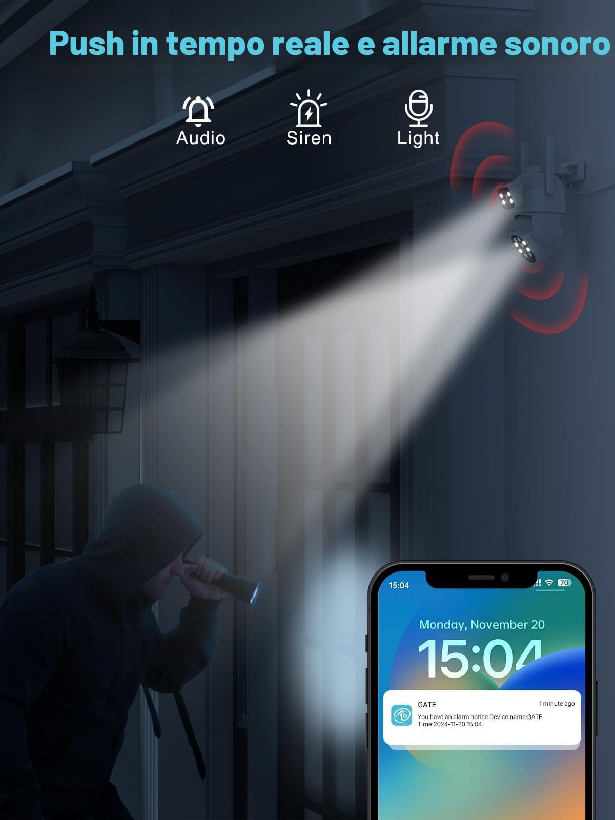 Reobiux 3K Telecamera Wi-Fi Esterno con Doppia Lente, Videocamera Sorveglianza Esterno con Visione Notturna a Colori, Rilevamento Umano, Audio Bidirezionale, Allarme Sonoro e Luminoso, IP66