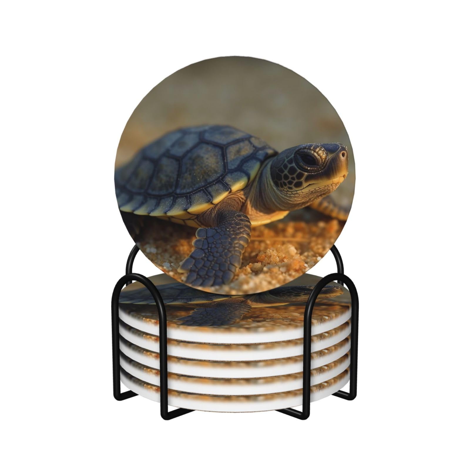 6Pcs Ceramics Coaster for Drinks, Baby Turtle Cup Coasters with Holder, Aesthetic Drink Coasters for Coffee Table, Absorbent Round Coaster for Tabletop Protection 4" Cup Mat Pad