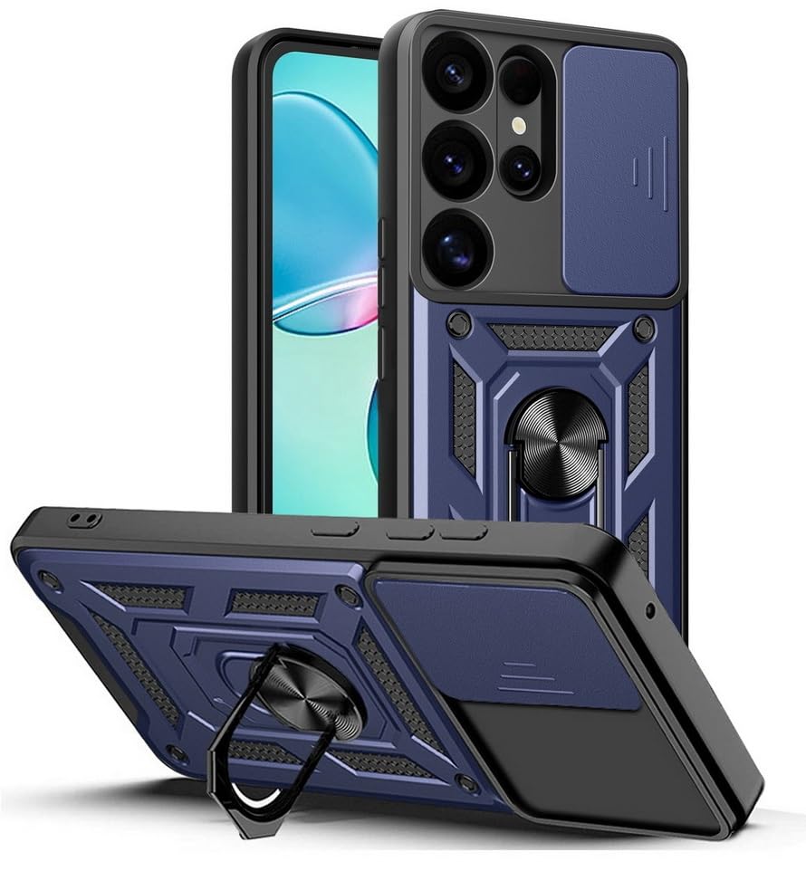 Image of SPAZY CASE Samsung Galaxy S25 Ultra Back Case | Heavy Duty Hybrid Case with 360 Degree Rotating Finger Ring Holder + Slider Shutter Camera Protection Cover for Samsung Galaxy S25 Ultra 5G - Blue