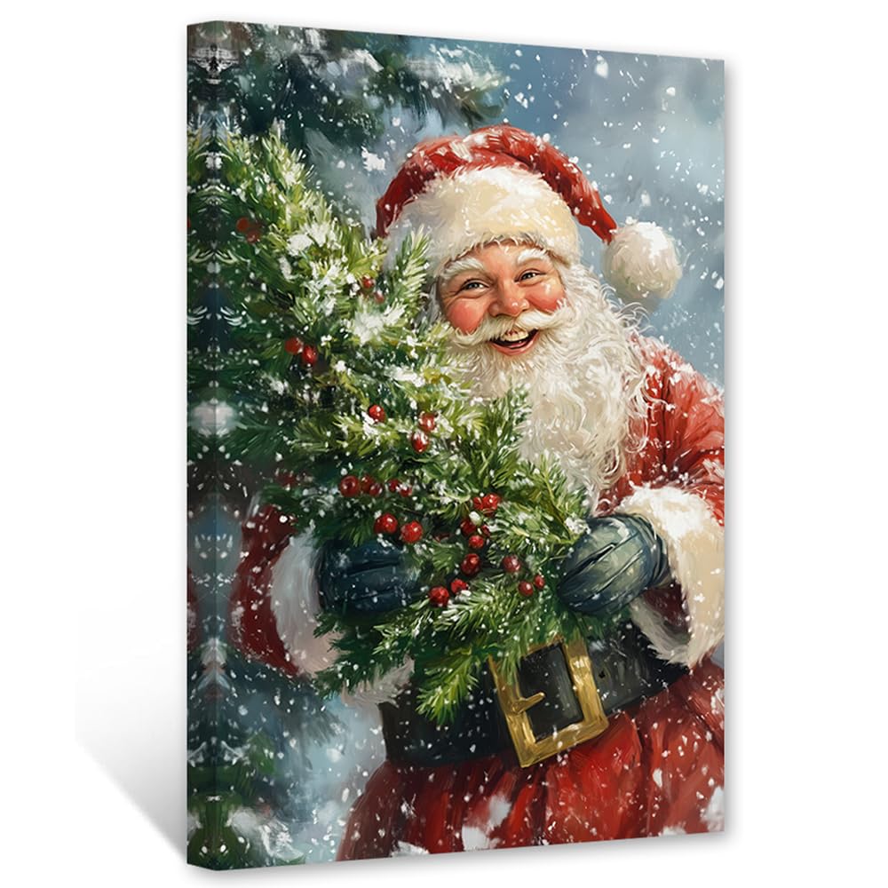 CXHOSTENT Vintage Christmas Wall Art Santa Claus Wall Decor Winter Canvas Art Rustic Santa Claus Pictures Print Living Room Bedroom Christmas Decor Framed (30.00 x 45.00 cms)