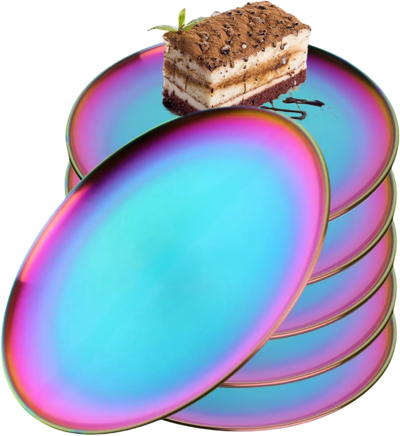 6-Pieces Rainbow Plates Dessert Plate Set, 11.8Inch Stainless Steel Metal Colorful Dish Dinnerware Set for Camping Party, Reusable and Dishwasher Safe