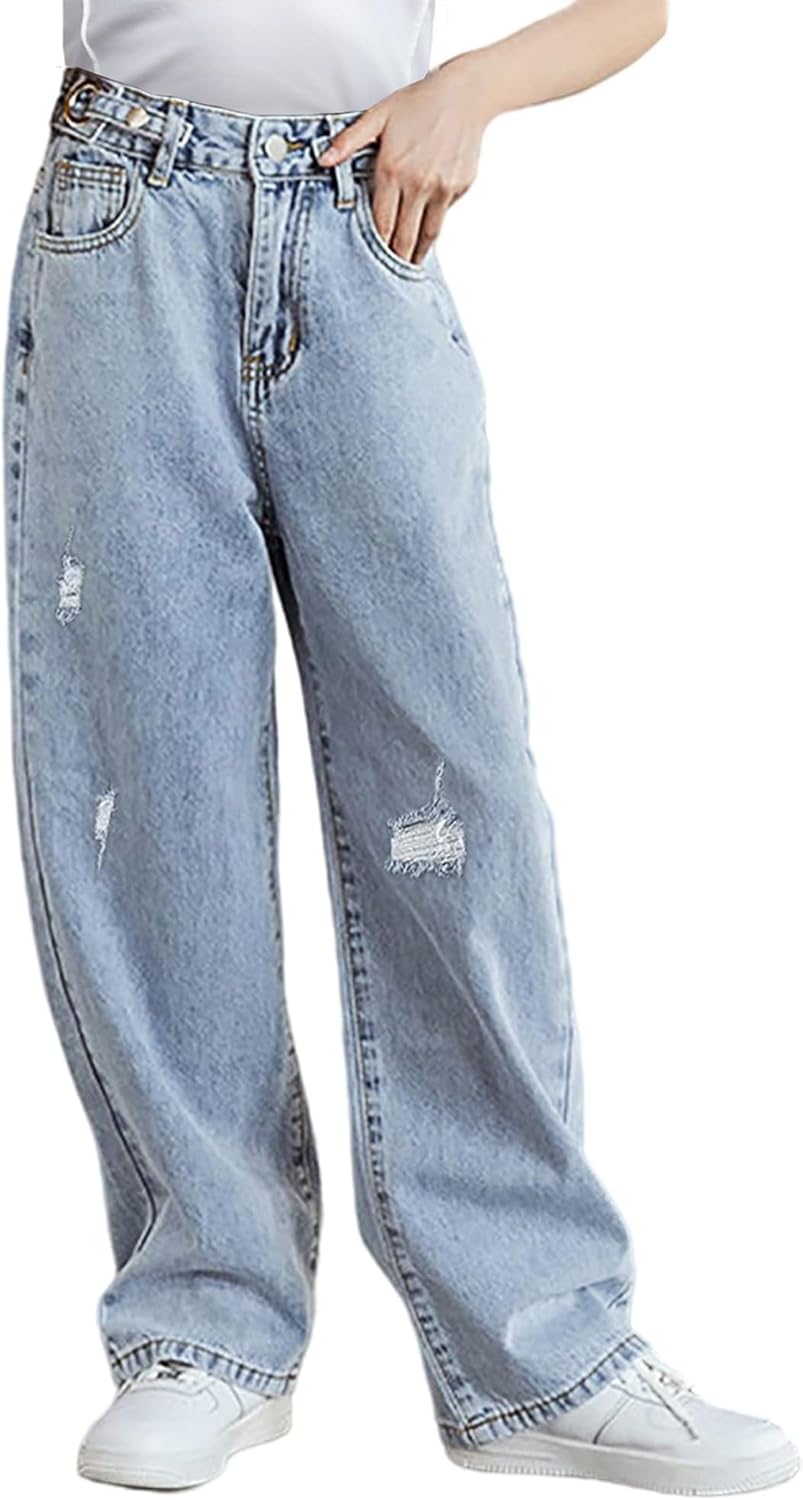 SANGTREE Girls Baggy Jeans Wide Leg Jeans Elastic Waist Casual Denim Pants Kids Clothes,6-14 Years