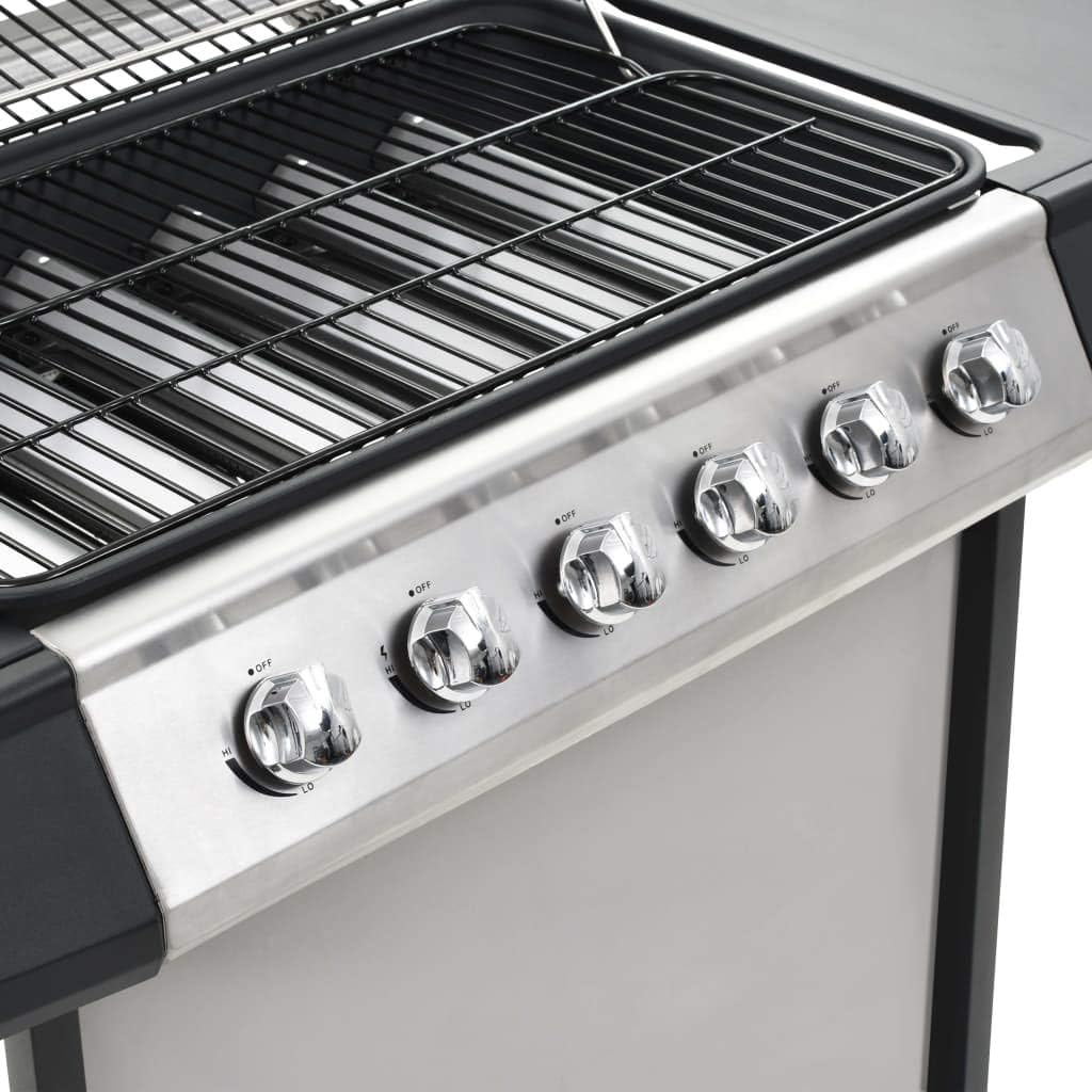 Festnight BBQ Griglia a Gas con 6 Fuochi in Acciaio Inox con 2 Ruote,Barbecue Griglia a Gas da Giardino Esterno e Cucina in Acciaio Nero/Argento con 6 Fornelli