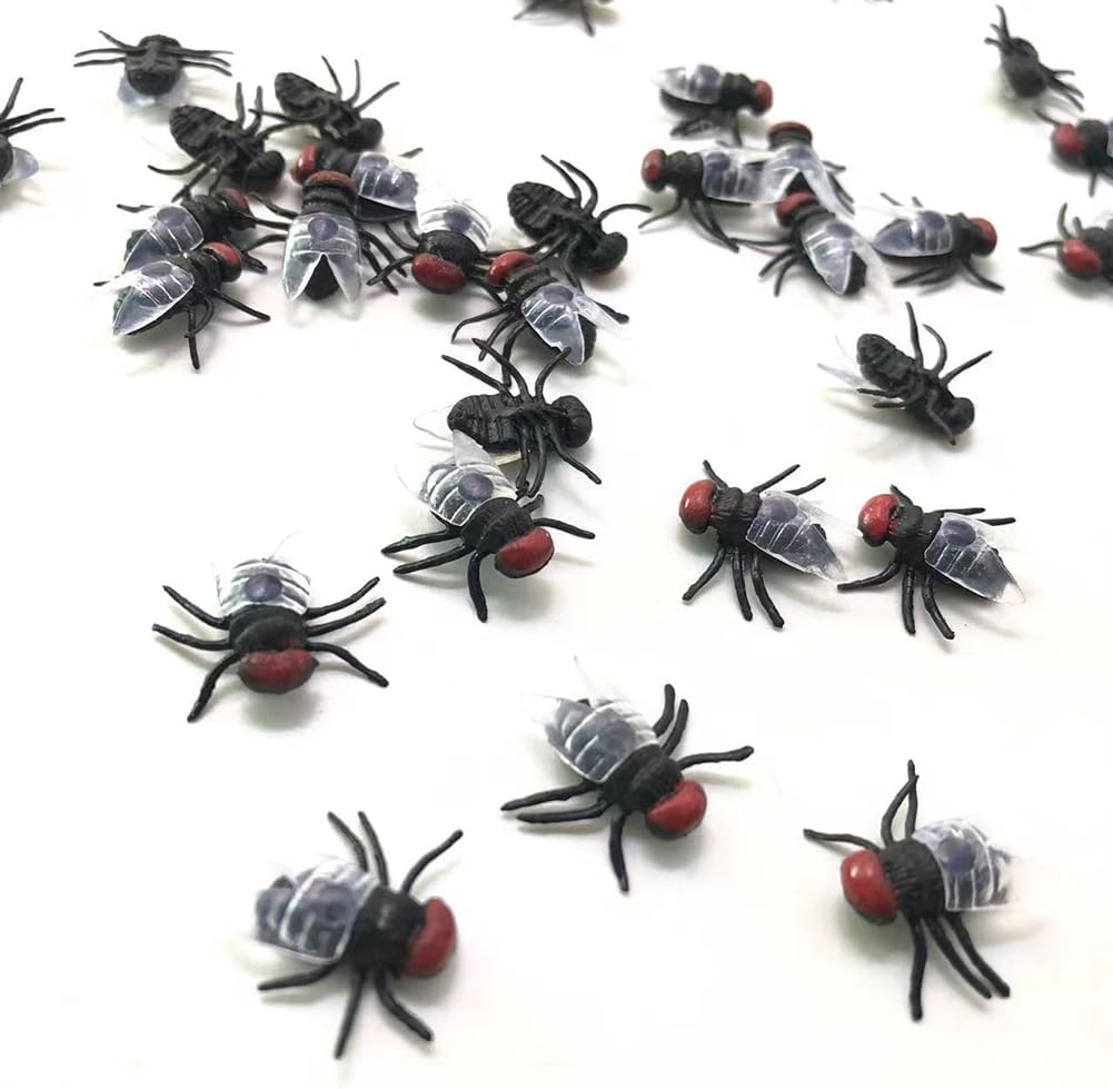 120 Pcs 1.5cm Plastic Flies Small Fake Flies Mini Insect Figures Little Realistic Bugs Scary Prank Insect Props for Joke Tricking Halloween Party Supplies