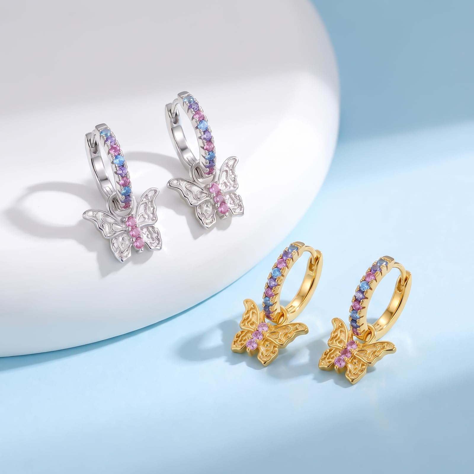 Orecchini a forma di farfalla per bambine, in argento 925, con zirconi colorati, piccoli orecchini a cerchio, regalo di compleanno per ragazze e bambine