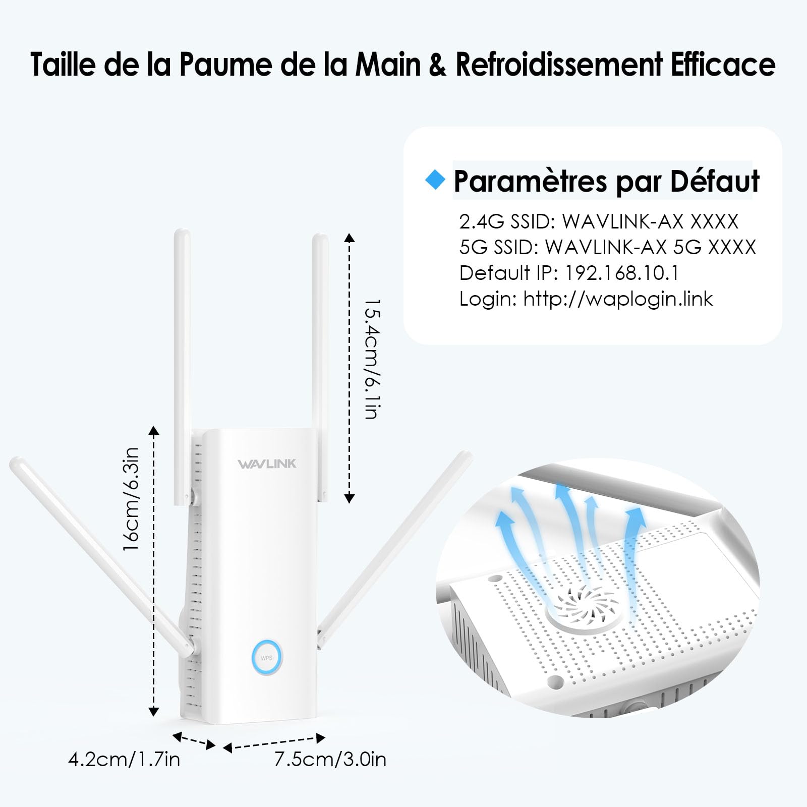 WAVLINK AX3000 Double Bande Wi-FI 6 Range Extender, amplificateur WiFi Extender, répéteur WiFi avec Port Gigabit, 4 antennes 5 dBi, Prend en Charge Le Mode répéteur/AP/routeur/Maille, Installation