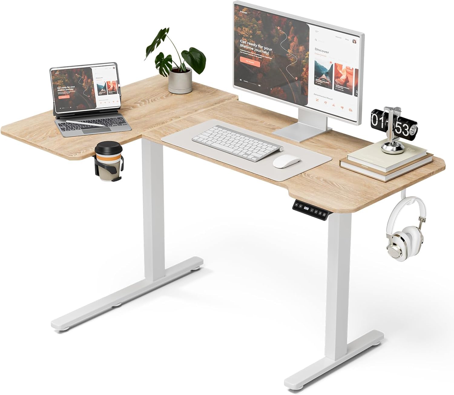 Acrolix Scrivania angolare regolabile in altezza, forma L, 130 x 80 cm, altezza elettrica, regolabile in altezza, ergonomica, L con portabevande e ganci, stabile tavolo da ufficio, marrone chiaro