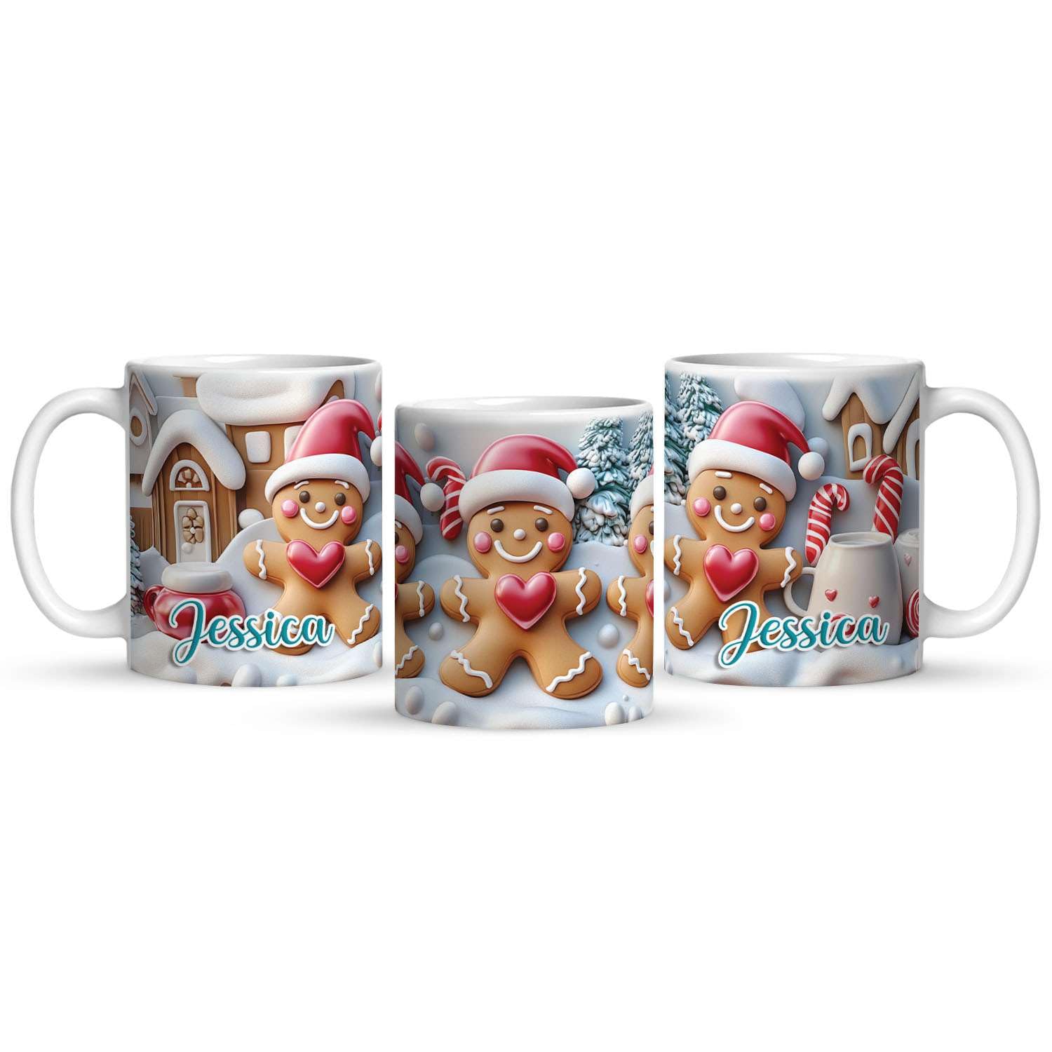 Personalized Gingerbread in Santa Hat Full Wrap Mug - Custom Name Christmas Coffee Cup, Cute Holiday White Ceramic, Festive Winter Design 11oz 15oz