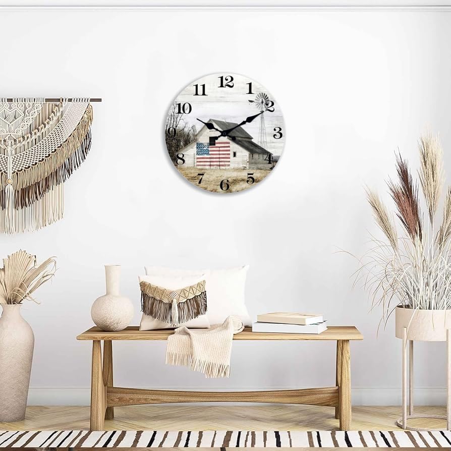 Image of XFM Farmhouse Wall Clock Battery Operated 16 Inch Silent Old Barn | Country American Flag Big Round Analog Decorative for Living Room Kitchen Bedroom Office Non-Ticking