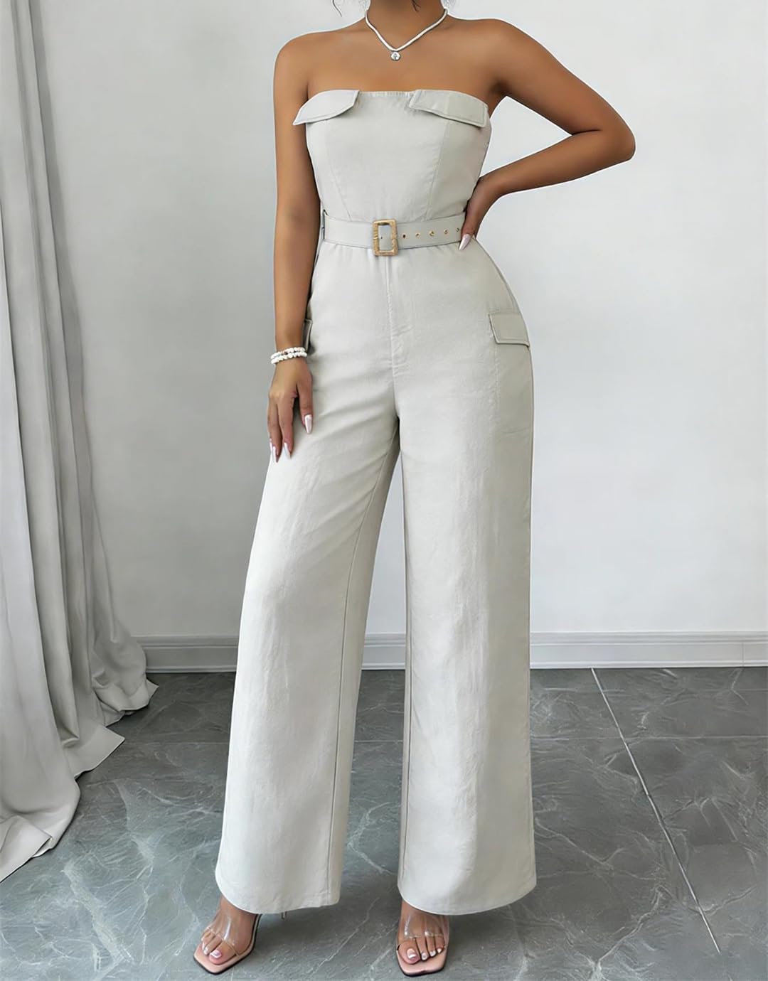 Yeuyyben Overol de verano para mujer, sin tirantes, con cinturón, pierna ancha, mezcla de lino, elegante, informal, para vacaciones, fiestas