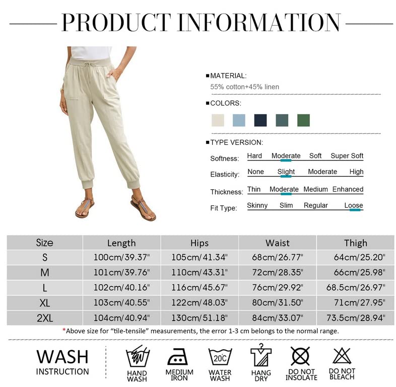 Puimentiua Womens Tapered Pants Cotton Linen Drawstring Back Elastic Waist Pants Casual Trousers with Pockets2