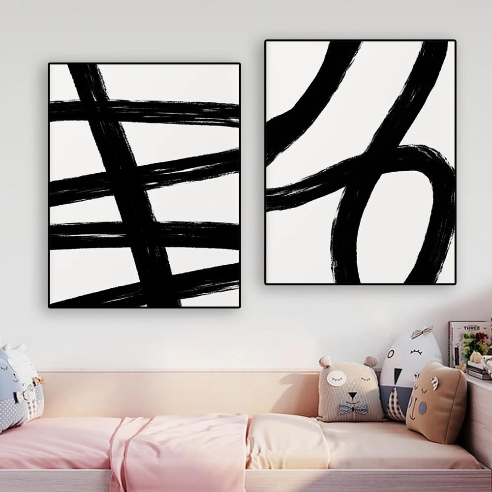 WBYZAC 2 Pieces-Abstract Black White Abstract Wall Art Poster Wall Art Brush Strokes Print Canvas Painting Pictures for Living Kitchen Office Room Decor-50 * 70cm (No Frame)