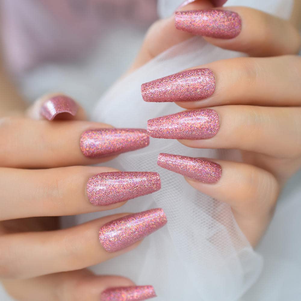 False Nails Pink Rose Glitter Ballerina Coffin False Nail Fairy Laser Sequin Press on Ballet Fake Nails Tip Reusable Wear for Girl