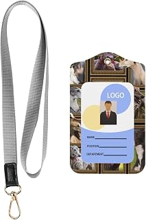 Leather Id Badge Holder Set with Lanyard 2 Card Slots Easy Swipe (Greyhound Dog Pattern Design)