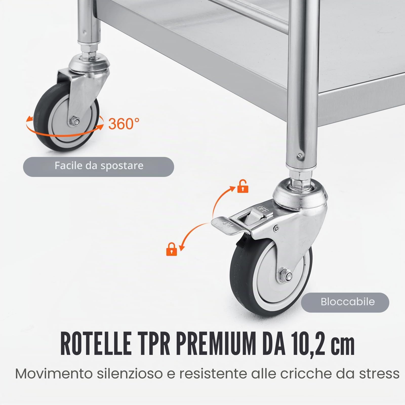 VEVOR Carrello da Laboratorio in Acciaio Inox 2 Ripiani 100kg 710 x 421 x 785 mm