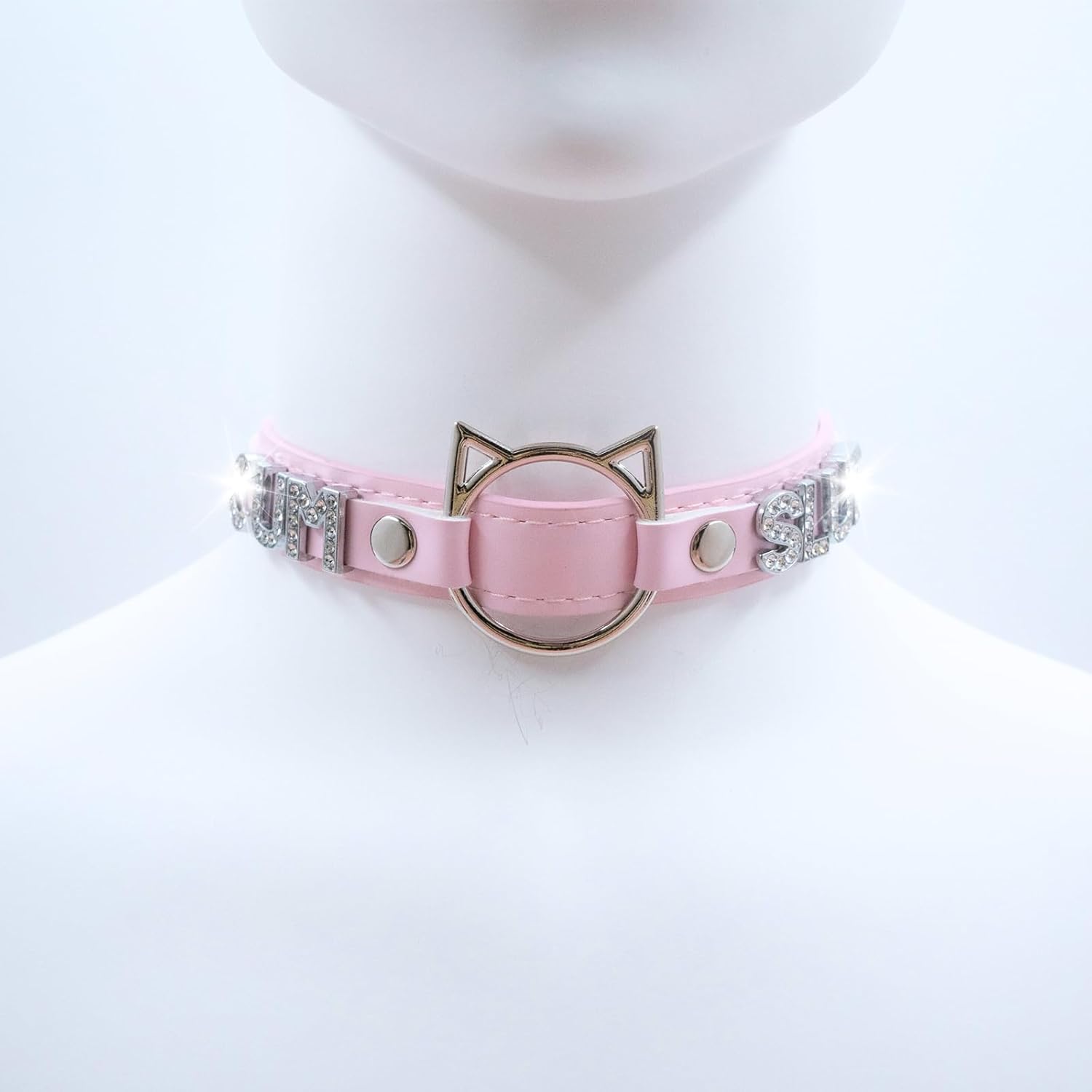 Black O-ring Choker Collar For Women, Pink Vegan Leather Choker Necklace Jewelry with Cat-shaped Ring and Rhinestone Letters - Image 2