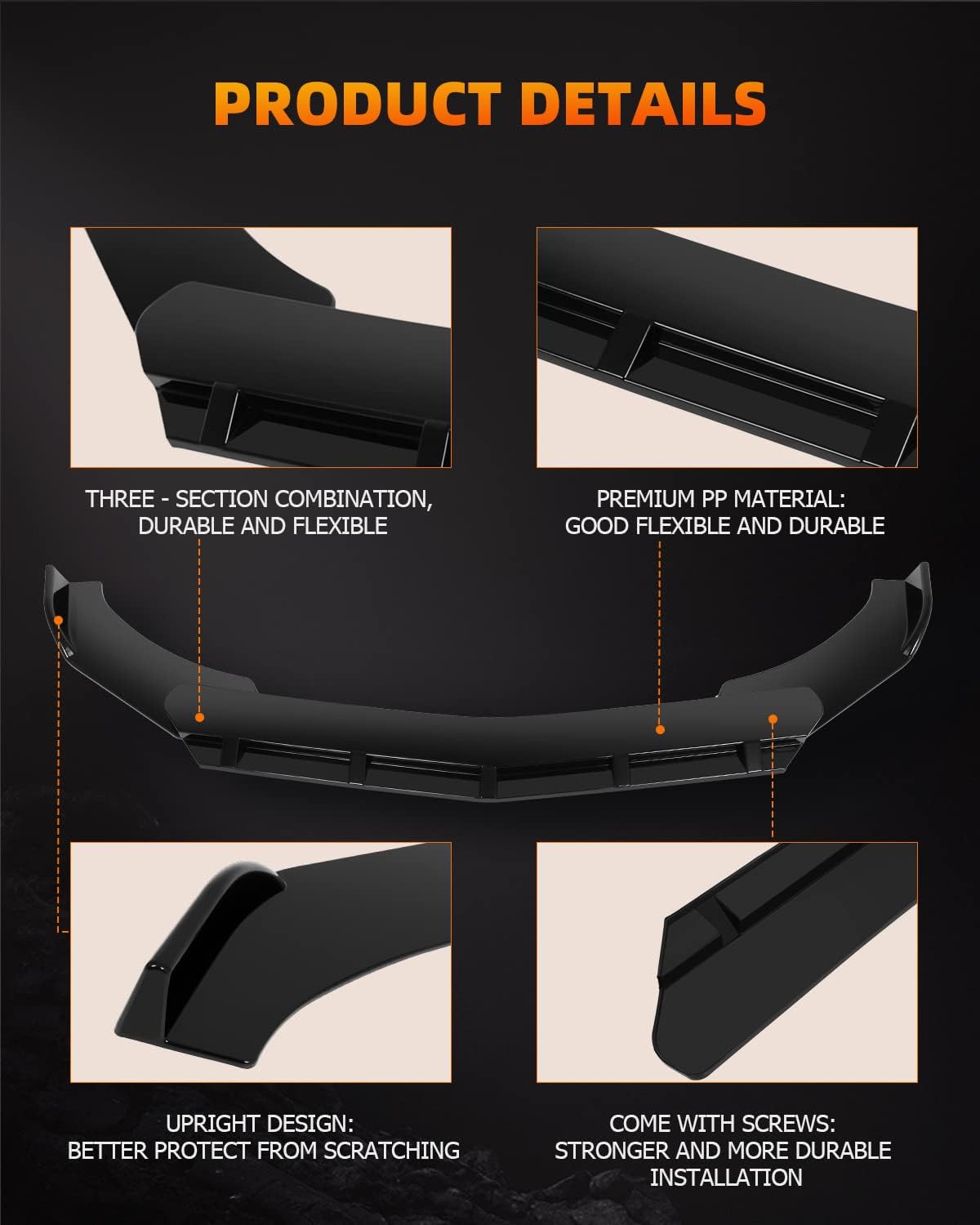 FINDAUTO PP Car Front Lip Body Kits Universal Glossy Black Front Bumper Lower Lip Splitter Spoiler