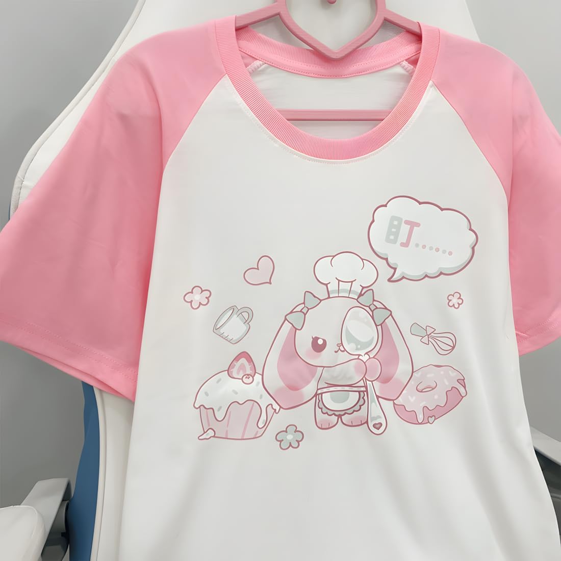 Kawaii Gothic Casual Style Crew Neck Raglan Short Sleeve Cartoon Graphic Cute Bunny Cook Print T-Shirt - Image 4