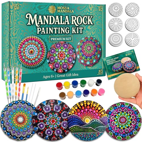 Mandala Rock Painting Kit Mandala Dotting Tools Set - 5 Large Wooden Rocks + 6 Stencils + Acrylic Paints - Relaxing Arts and Crafts for Adults Women - DIY Hobbies Art and Projects Dot Art Kit