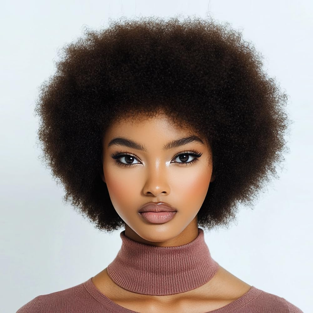 DÉBUT Afro Curl Fluffy Wigs Human Hair 70s Afro Curly Big Hair Wig for Black Women Daily Use 6 Inches Brown Color DÉBUT Afro Curl Fluffy Wigs Human Hair 70s Afro Curly Big Hair Wig for Black Women Daily Use 6 Inches Brown Color