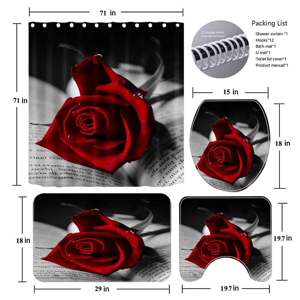 Hankyky Rose Shower Curtain Sets with Non-Slip Rug,Toilet Lid Cover, Black and Red Design Bath Mat Valnetine's Day Wedding Bathroom Decoration Decor Cloth Fabric Bathroom Decor Set with Hooks