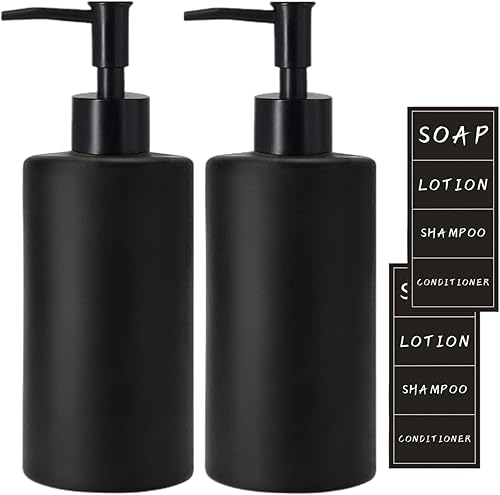 Harcure - Dispensador de jabón negro mate, paquete de 2 dispensadores de jabón de vidrio con bomba negra, juego de dispensador de jabón de manos y