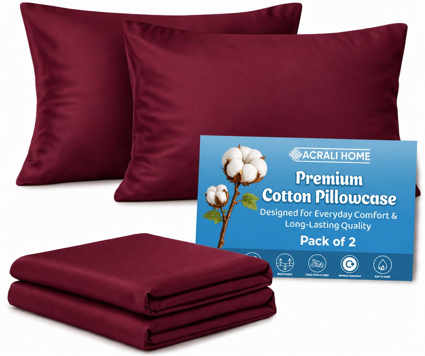 Acrali Home Cotton Pillow Cases 2 Pack, Standard Size 50x75 cm - Hotel Quality Super Soft, Breathable Pillow Covers with Envelope Closure (Burgundy, Pack of 2)