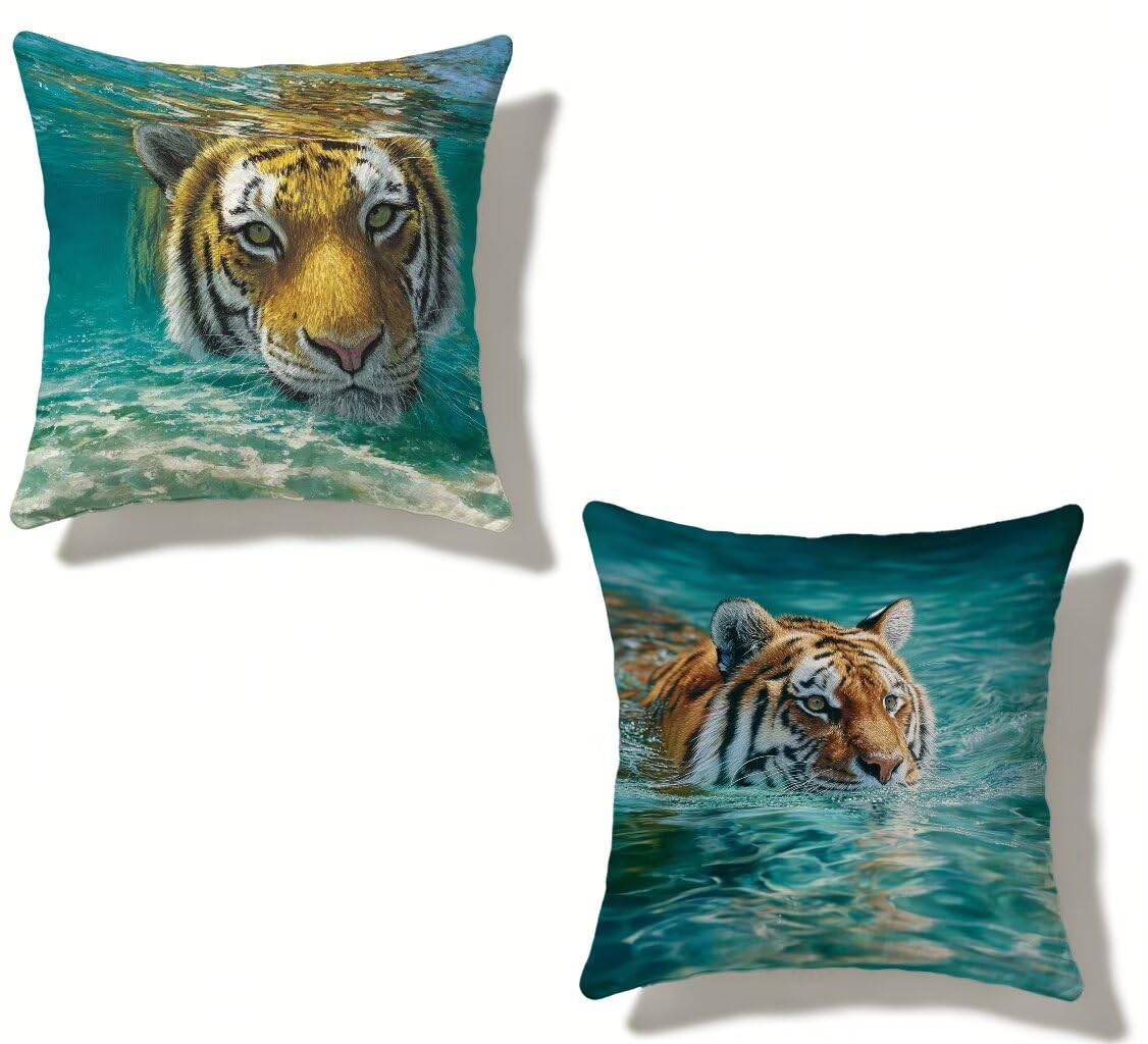 Kissenbezug 80x80 cm 2er Set See BlauKissenhüllen 80 x 80 Dekokissen Tiger Wasserfestem Leinen Beidseitiger Druck für Zierkissen Sofa Kissen Frühling Sommer Outdoor Heimdekoration Geschenke H-31275I