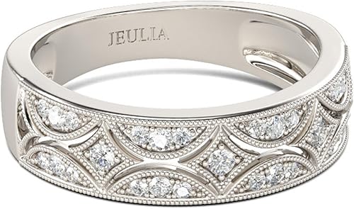 Jeulia Womens Wide Eternity Ring Wedding Band, Milgrain Round Cut 18k White Gold Plated Eternity Band Ring Romantic Birthday Anniversary Jewelry