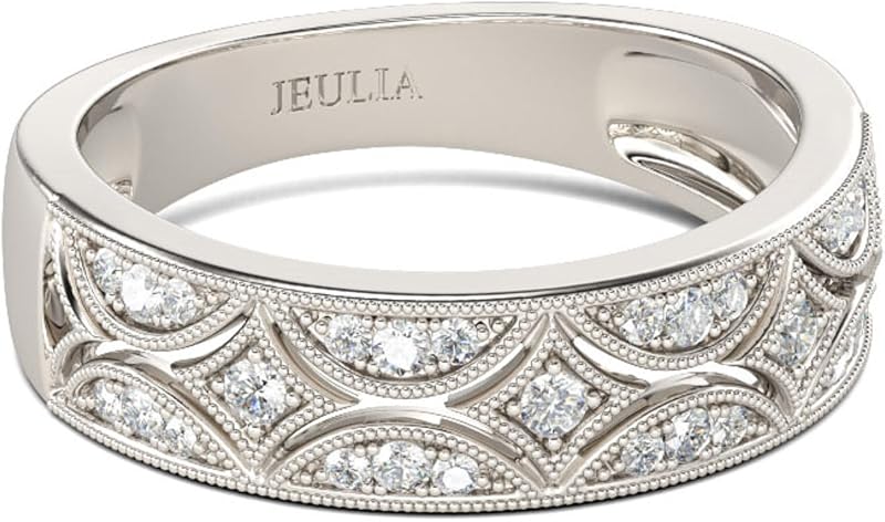 Jeulia Womens Wide Eternity Ring Wedding Band, Milgrain Round Cut 18k White Gold Plated Eternity Band Ring Romantic Birthday Anniversary Jewelry with Gift Box