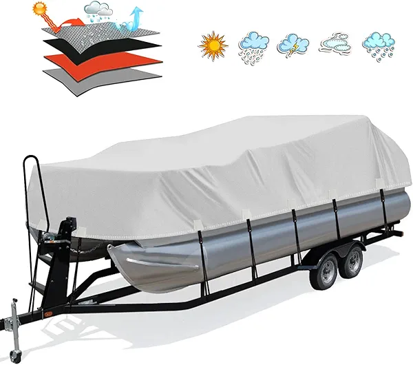 Solim Trailerable 1200D PU Heavy Duty Pontoon Boat Cover, 22-24ft Waterproof Marine Grade Oxford UV Resistant Polyester Canvas Cover, Boat Cover for Pontoon with Adjustable 18 Tie Down Straps, Gray