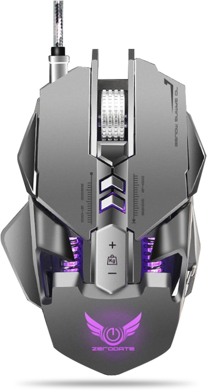 Gaming mouse, JUKSTG-ZERODATE [7 Programmable Buttons][Ergonomic][Weight Adjustable]Wired gaming mice With RGB Circular And Breathing Light, 3200 DPI,for Windows 7/8/10/2000/XP Vista Linux,Gray