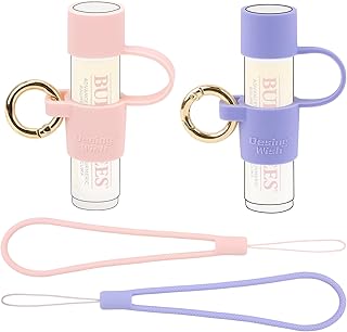 2 PCS Silicone Chapstick Holder with Cap Cover, 0.6'' Diameter Portable Lip Balm Holder Key Chain Sleeve Chapstick Keychain Holder with Wrist Strap Lanyard - Pink/Purple