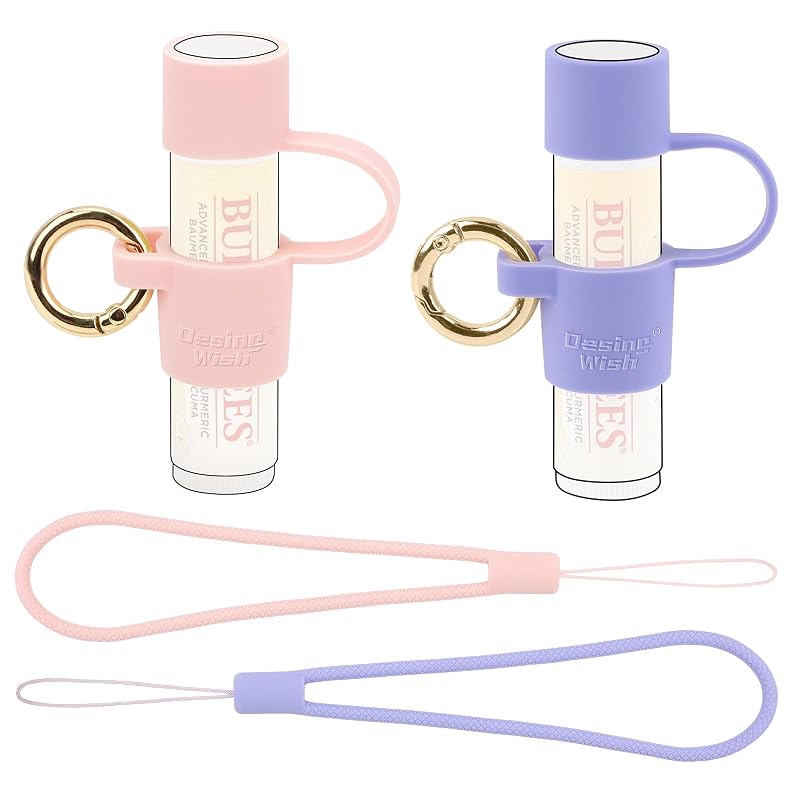 Porta protetor labial de silicone com tampa, argola e alça de pulso Desing Wish nas cores rosa e roxo, pacote com 2