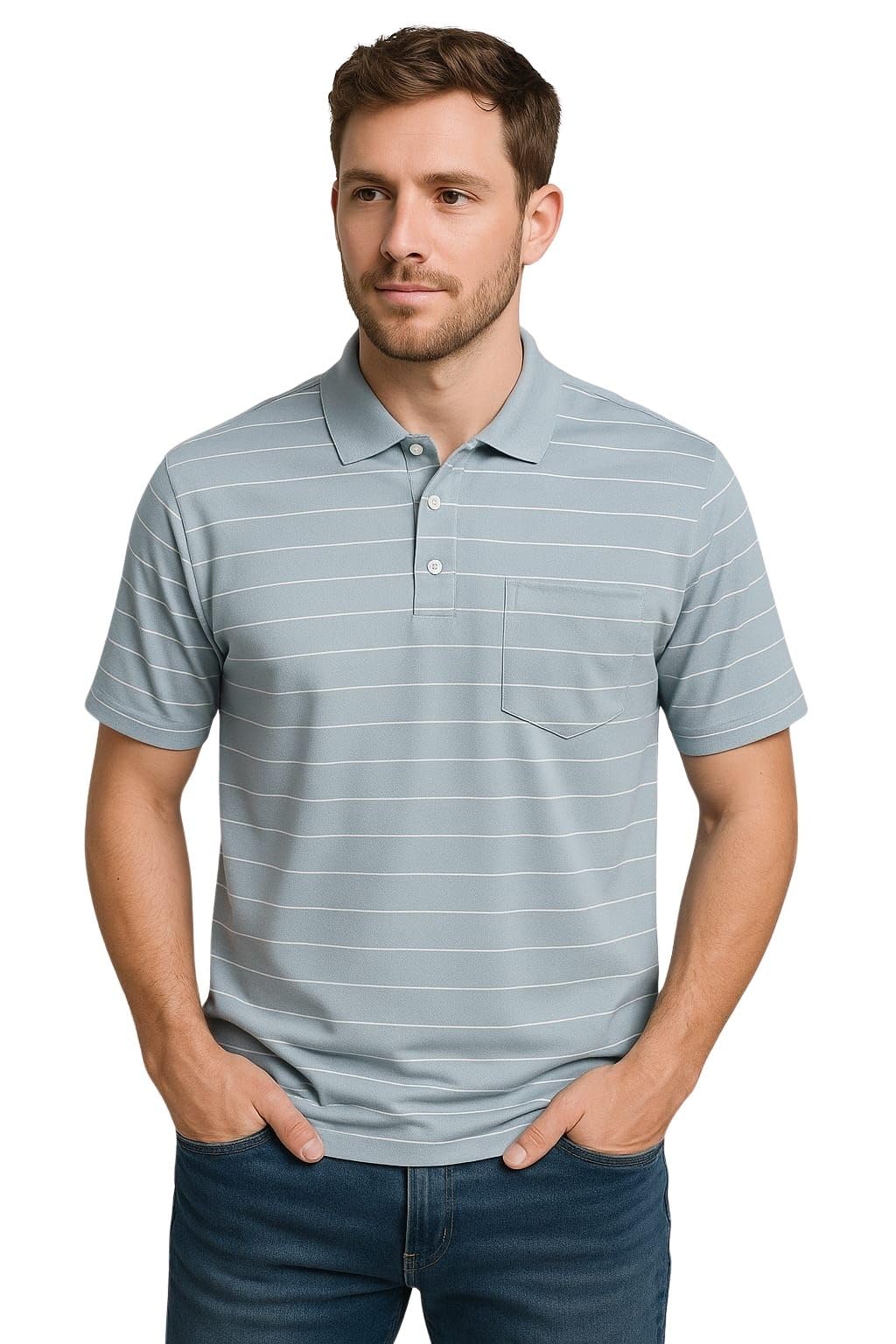 wild elephant Men Striped Polo T-Shirt | Cotton Short Sleeve Polo Neck with Button | Chest Pocket Casual Wear-picture-55