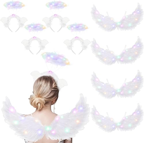 Miniatura 8 de Juego de 4 alas de ángel iluminadas y diadema, disfraz de alas de ángel blancas para niñas, alas de plumas de ángel LED para niños, mujeres,