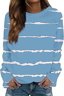 Long Sleeve Striped Shirts for Women Oversized Fall Fashion Gym Tops Dressy Casual Crewneck Sweatshirt Trendy Outfits