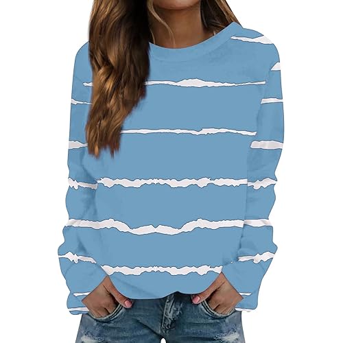 Long Sleeve Striped Shirts for Women Oversized Fall Fashion Gym Tops Dressy Casual Crewneck Sweatshirt Trendy Outfits