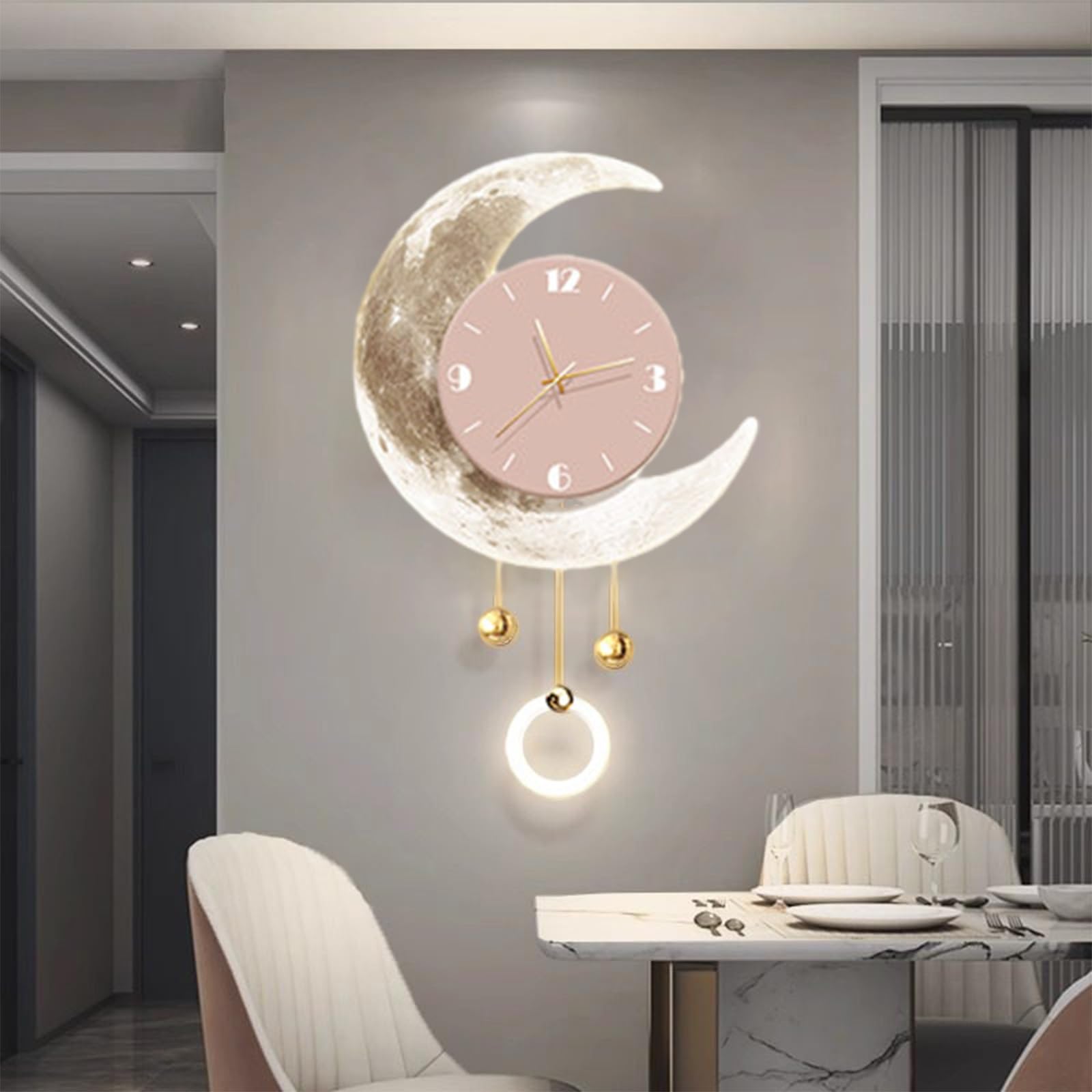 MESCXTY Moon-Shape Decorative Wall Clocks with LED Light, 3D Decor Clock, Hanging Clock Painting for Entryways, Living Rooms, Hallways(Brown,31.5 * 19.7in)