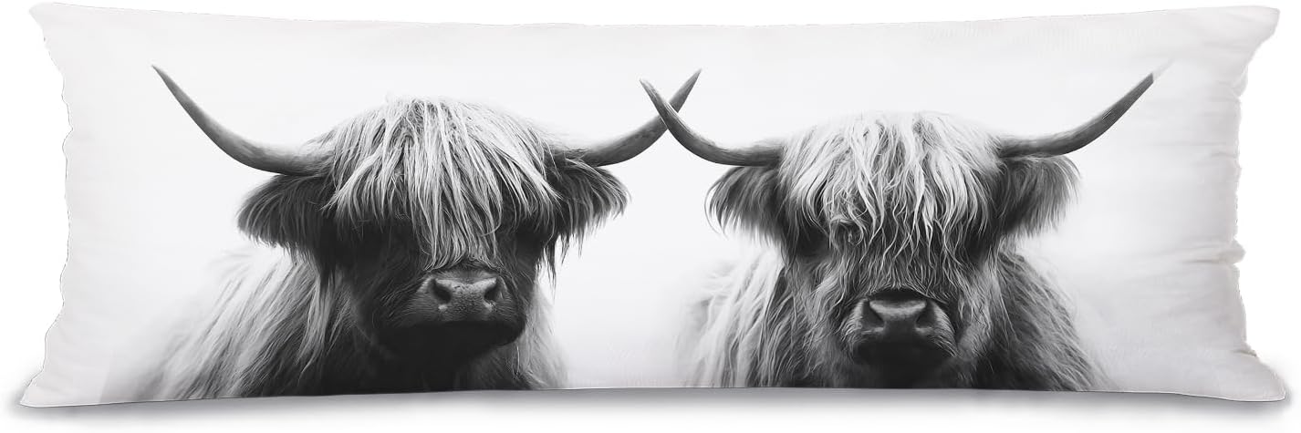 Highland Cow 20x54 Body Pillow Cover Case, Cow Home Room Bedroom Decor, Western Highland Cattle Farm Animal Decorative Long Hug Pillow Cases for Bed Couch, Double-Sided