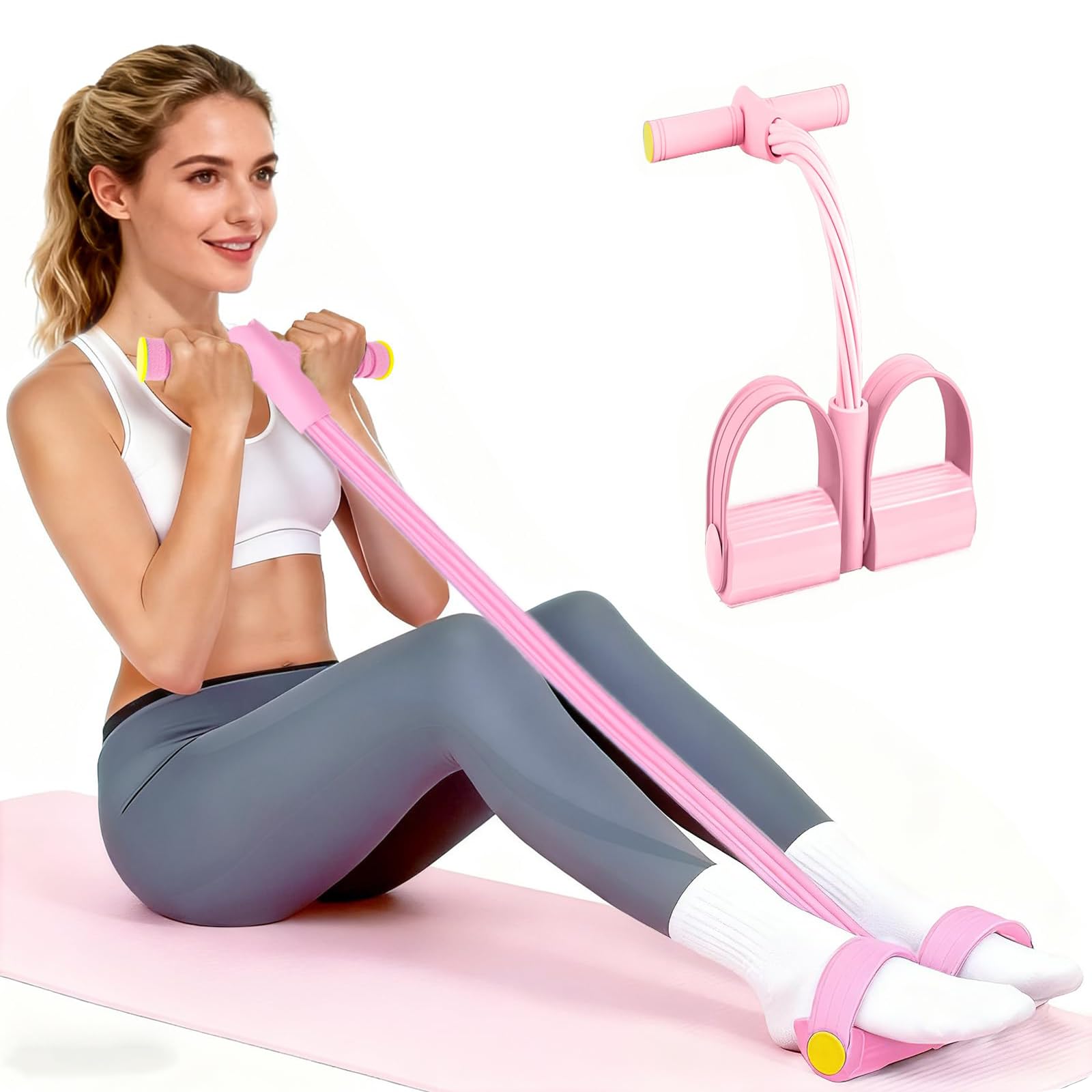 Foot Pedal Resistance Bands with Handle, Sit-Up Training Equipment, Workout Bands,Full Body Fitness Expander for Home Gym, Leg Trainer for Fitness,Abs, Arms, Weight Loss, Yoga (Pink)