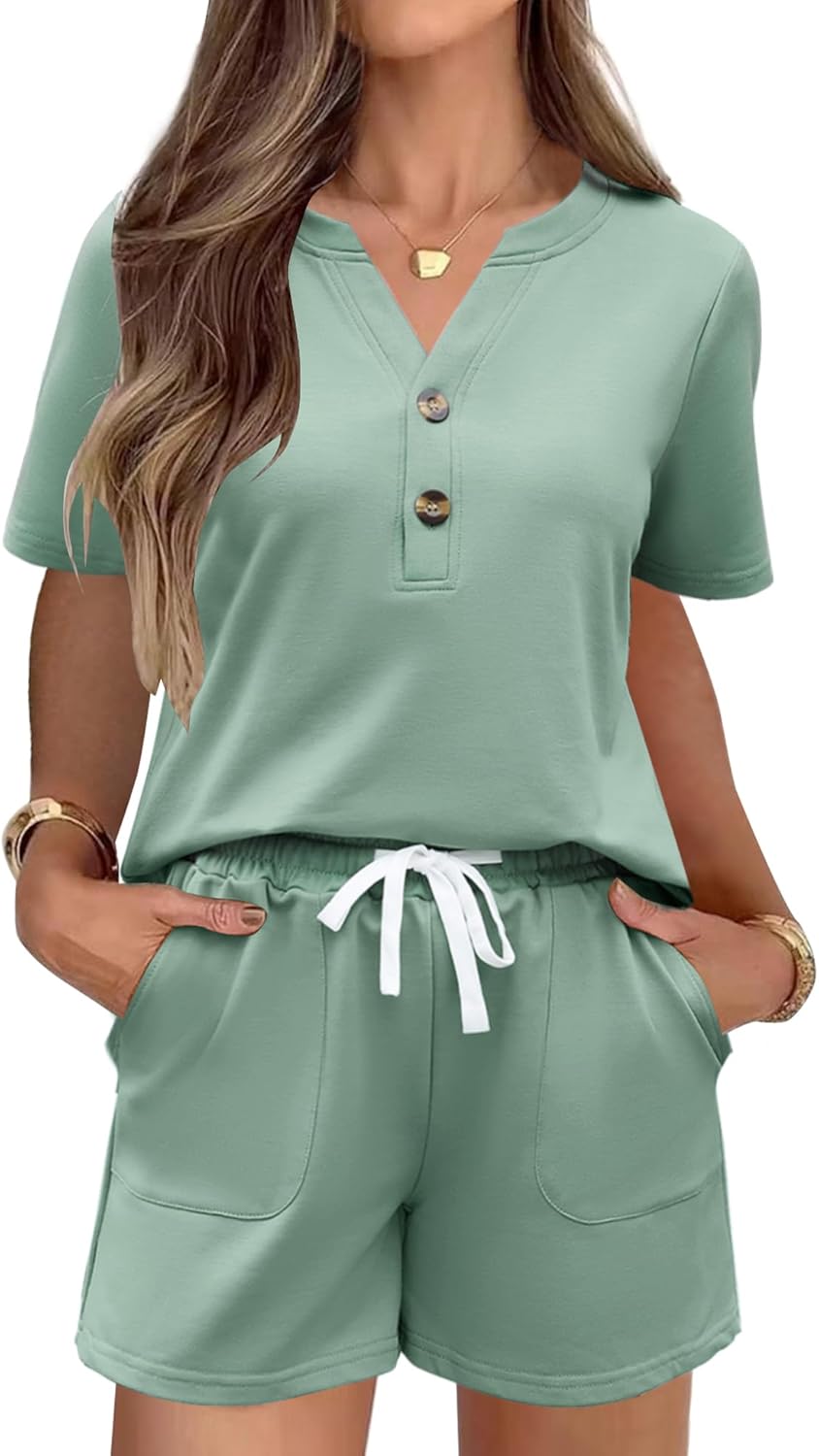 AKEWEI Womens Two Piece Outfits Summer Lounge Sets Tracksuit V Neck Buttons Down Tops and Shorts Set with Pockets - Image 2