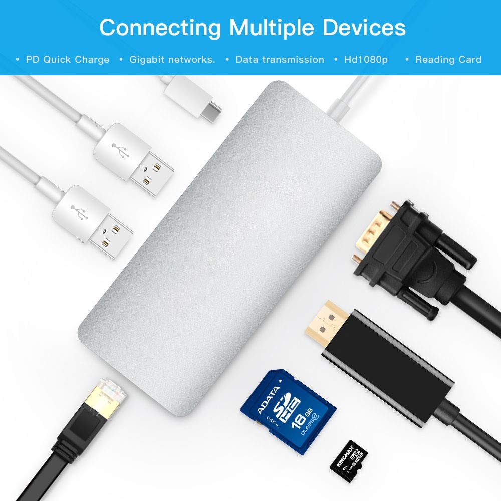 8 W 1 HUB Type-C Hub + USB-C/Type-C do USB-C/Type-C & HDMI & SD & TF & 2 USB & VGA & RJ45 Adapter, dla Galaxy S9 & S9 + & S8 & S8 + & Note 8 / HTC 10 / Huawei Mate 10 & Mate10 Pro & P20 i P20 Pro